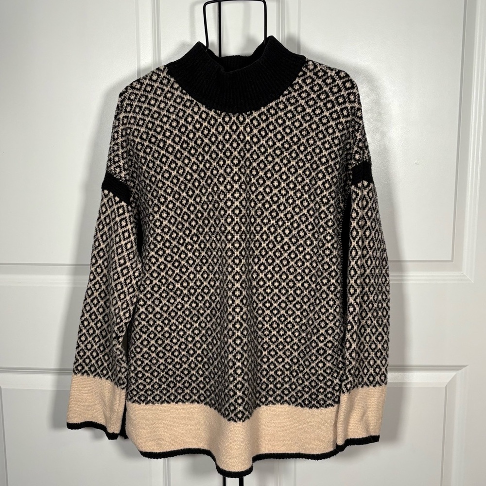 J. Jill Womens Tunic Mock Neck Tan Black Neutral Sweater